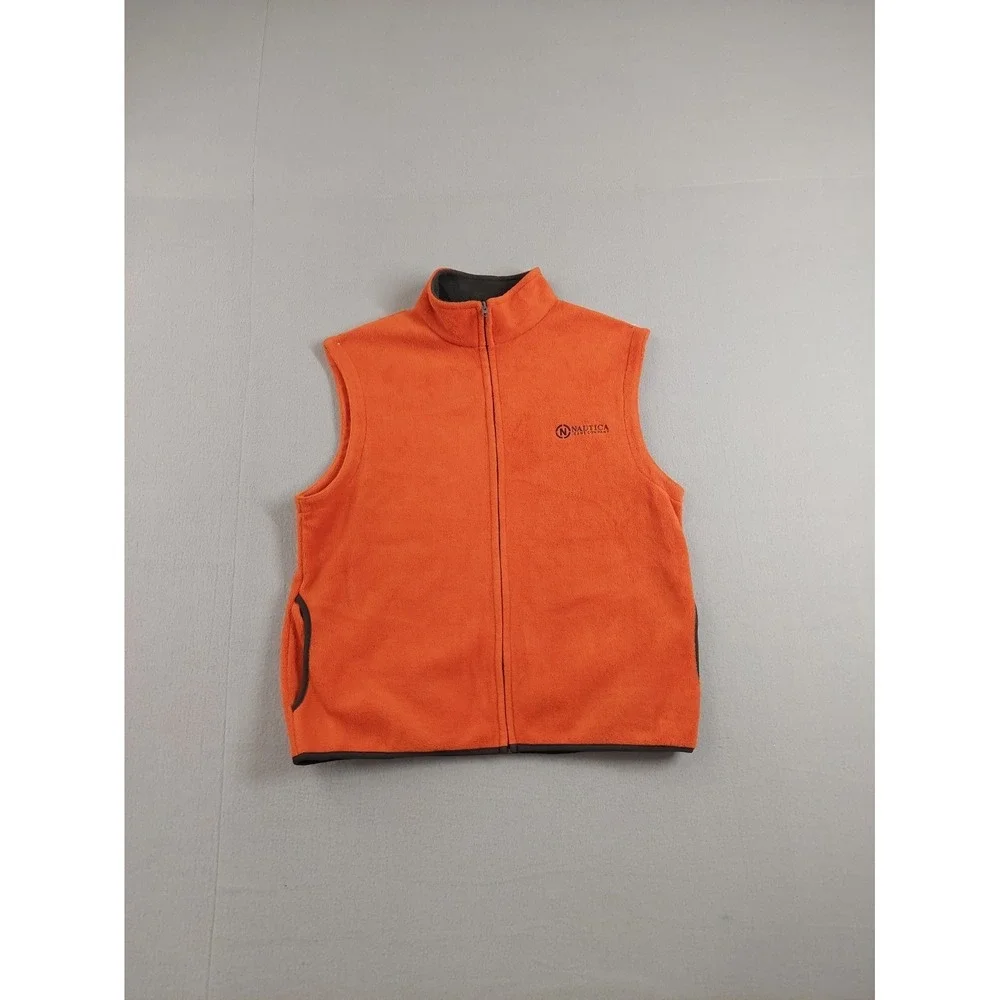 Nautica Men Vest XL Orange Fleece Zip Up Reversible Side Pockets Logo Outerwear